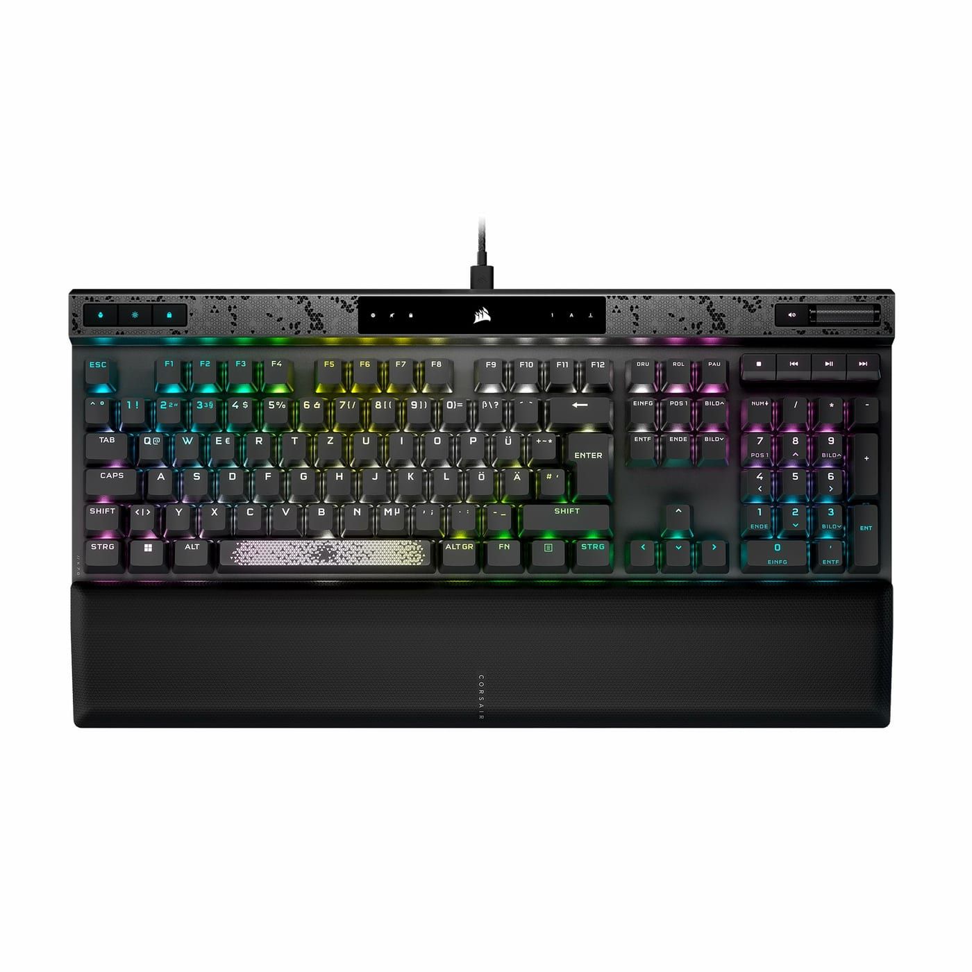Corsair K70 MAX RGB Magnetic-Mechanical in der Draufsicht, Full-Size-Layout, deutsche QWERTZ-Belegung, beleuchtete Tasten, mit Handballenauflage