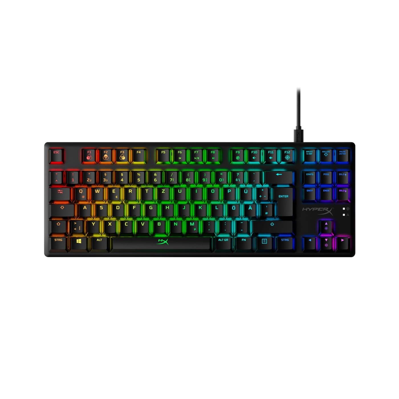 HyperX Alloy Origins Core TKL Mechanische Gaming-Tastatur in der Draufsicht, TKL-Layout ohne Nummernblock, deutsche QWERTZ-Belegung, beleuchtete Tasten