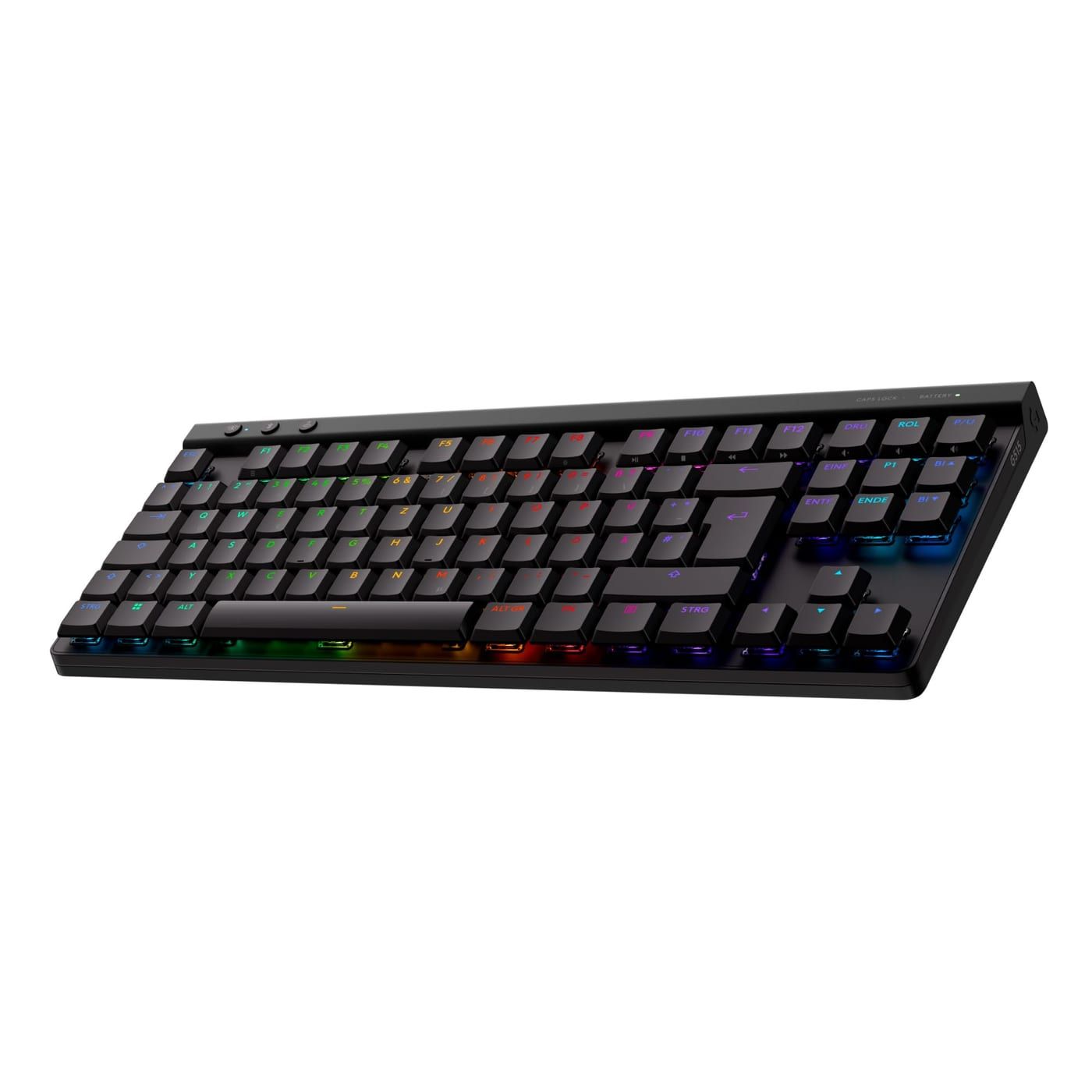 Logitech G515 Lightspeed TKL Kabellose Gaming-Tastatur in der Draufsicht, TKL-Layout ohne Nummernblock, deutsche QWERTZ-Belegung, beleuchtete Tasten