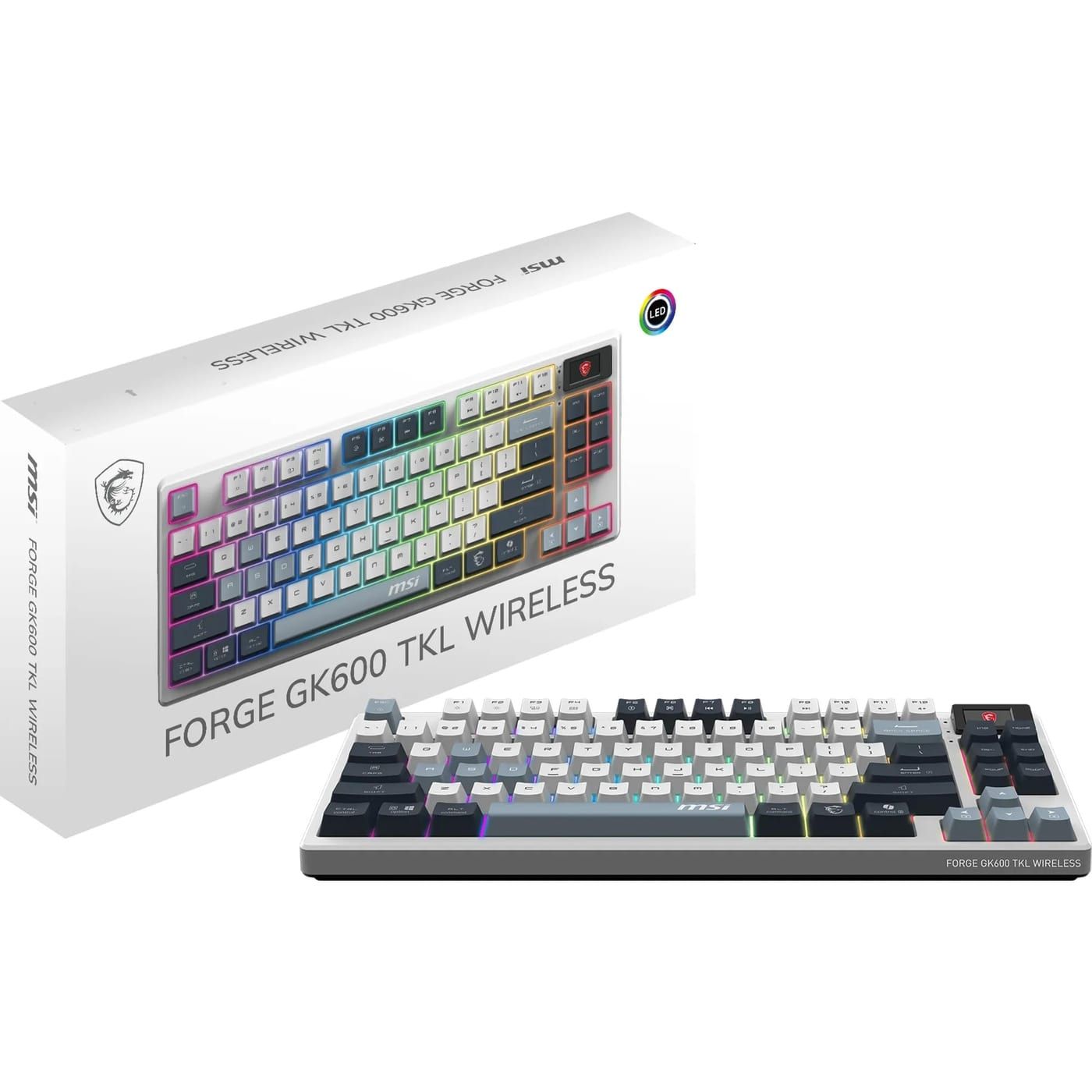 MSI Forge GK600 TKL Wireless Gaming-Tastatur in der Draufsicht, TKL-Layout ohne Nummernblock, deutsche QWERTZ-Belegung, beleuchtete Tasten