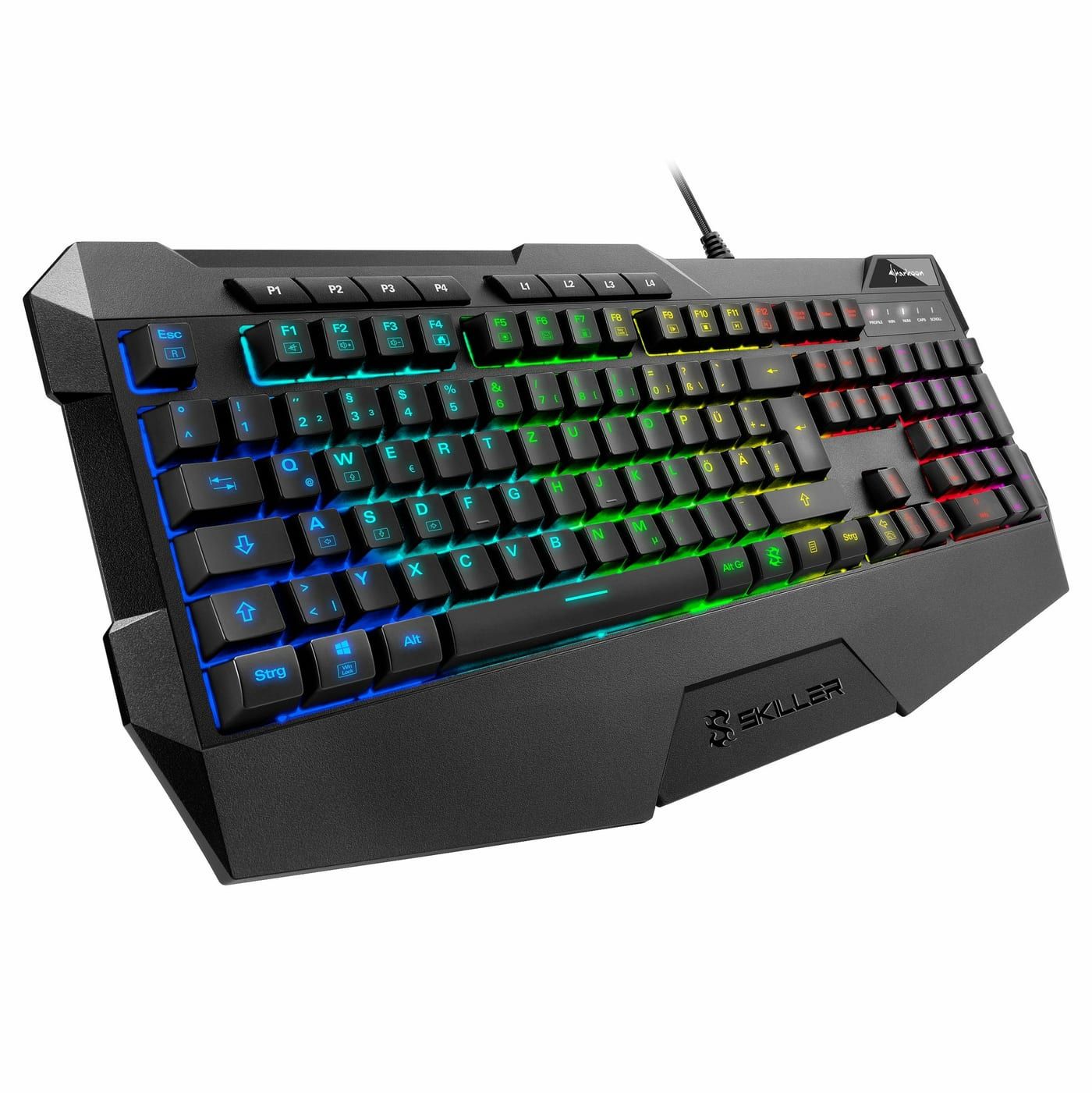 Sharkoon Skiller SGK4 RGB Gaming-Tastatur in der Draufsicht, Full-Size-Layout, deutsche QWERTZ-Belegung, beleuchtete Tasten, mit Handballenauflage