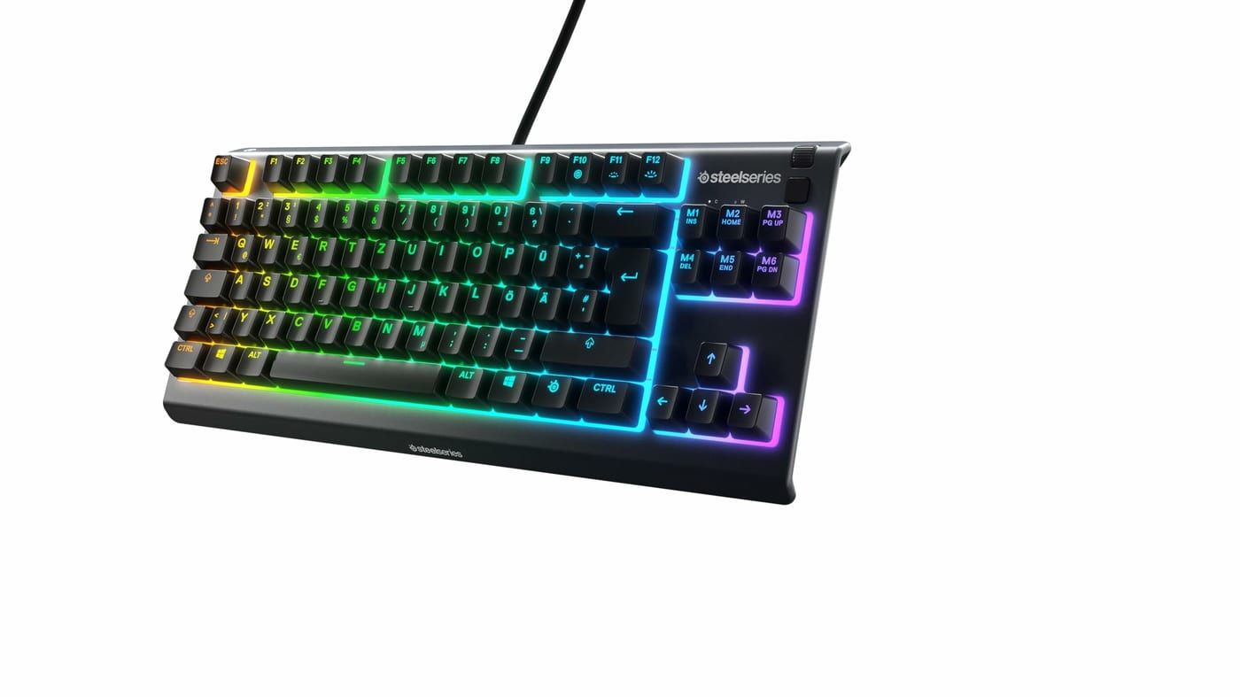 SteelSeries Apex 3 TKL Leise Gaming-Tastatur in der Draufsicht, TKL-Layout ohne Nummernblock, deutsche QWERTZ-Belegung, beleuchtete Tasten
